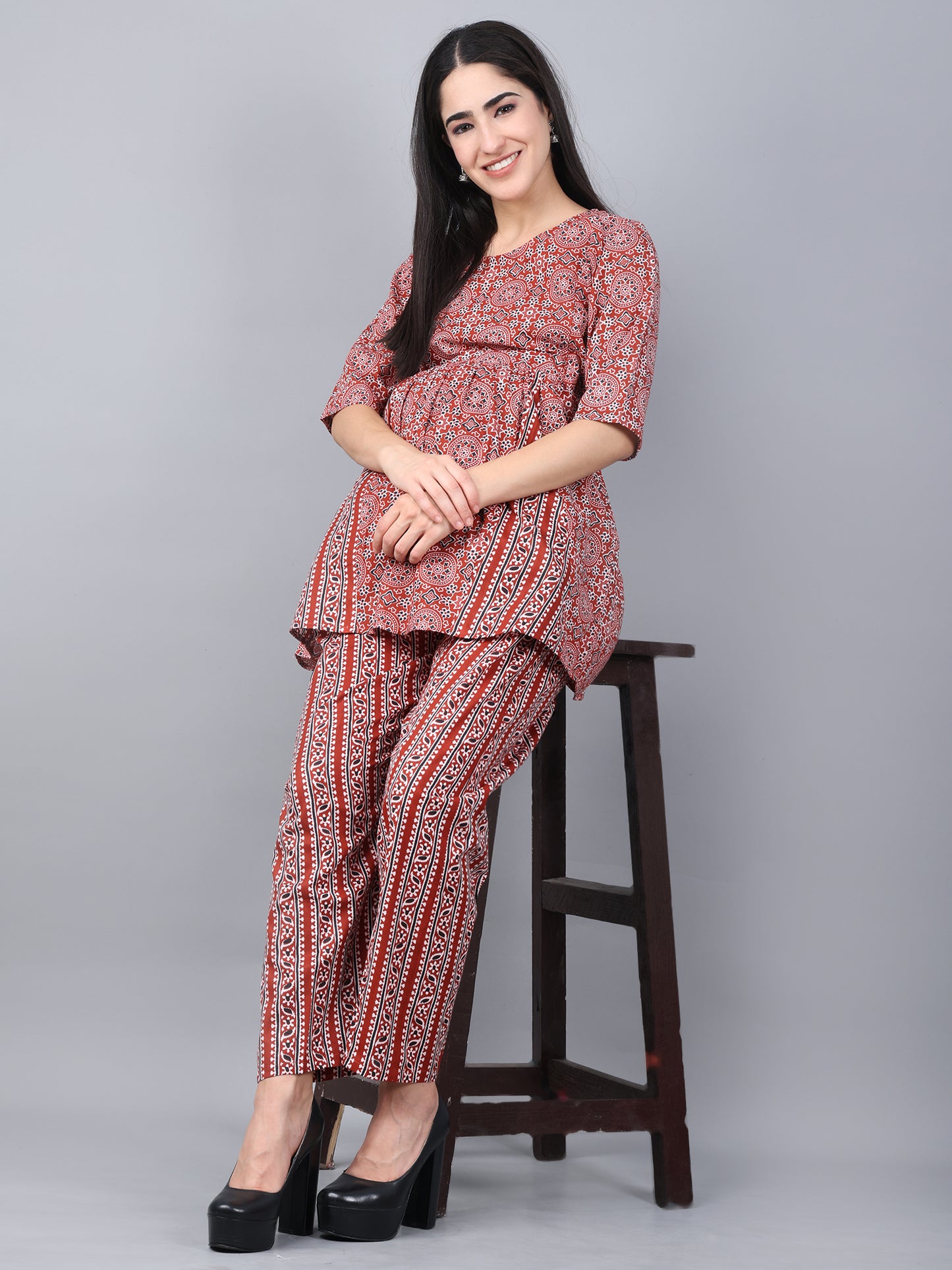 Maternity and Feeding Night Suit | Pure Cotton | Maroon