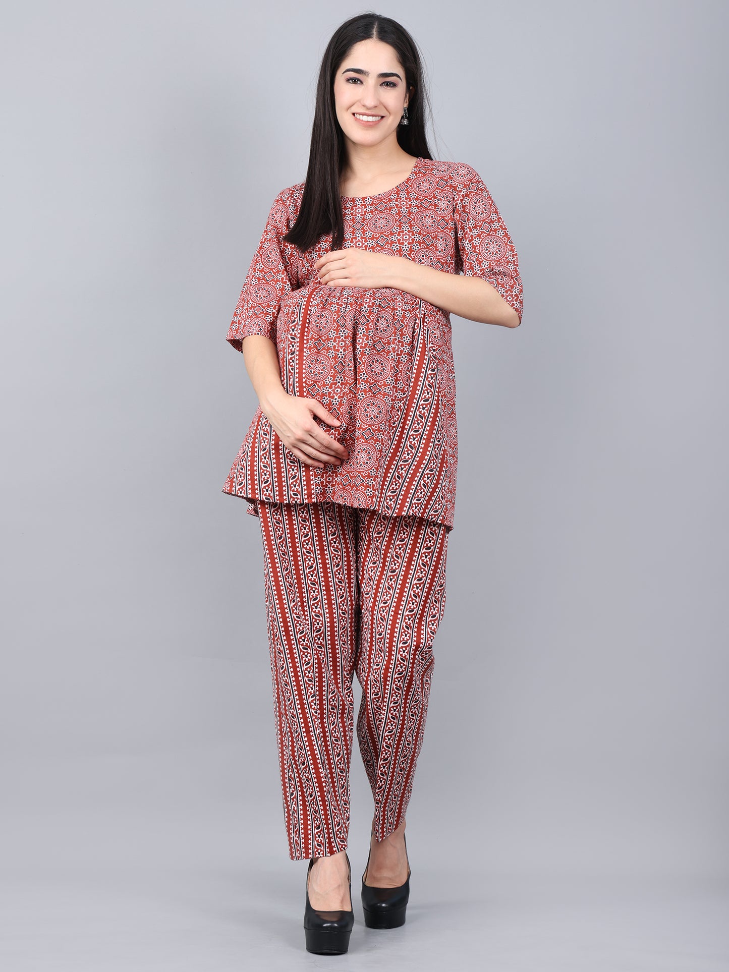 Maternity and Feeding Night Suit | Pure Cotton | Maroon