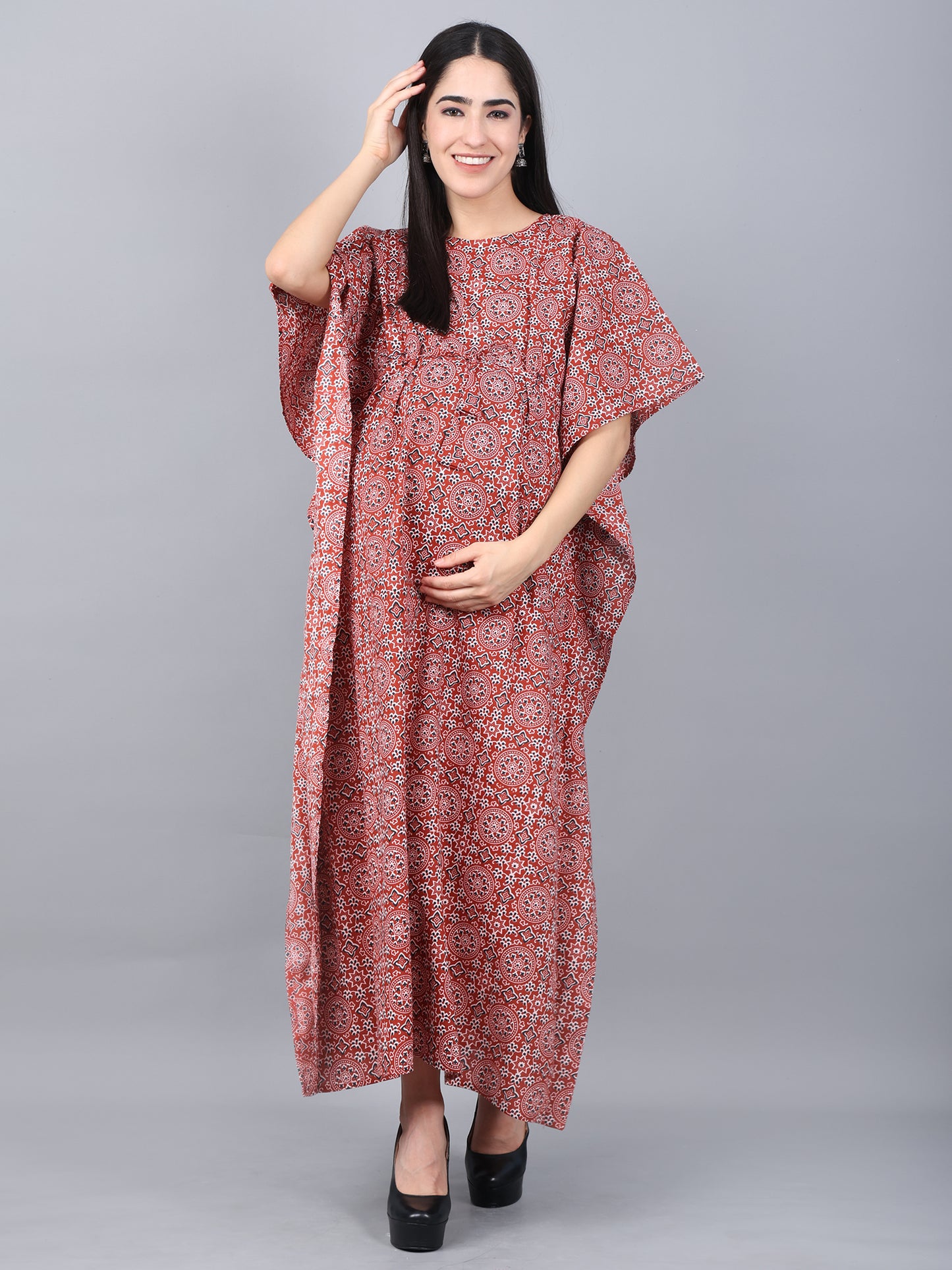 Maternity and Feeding Kaftan Full Length | Pure Cotton | Maroon