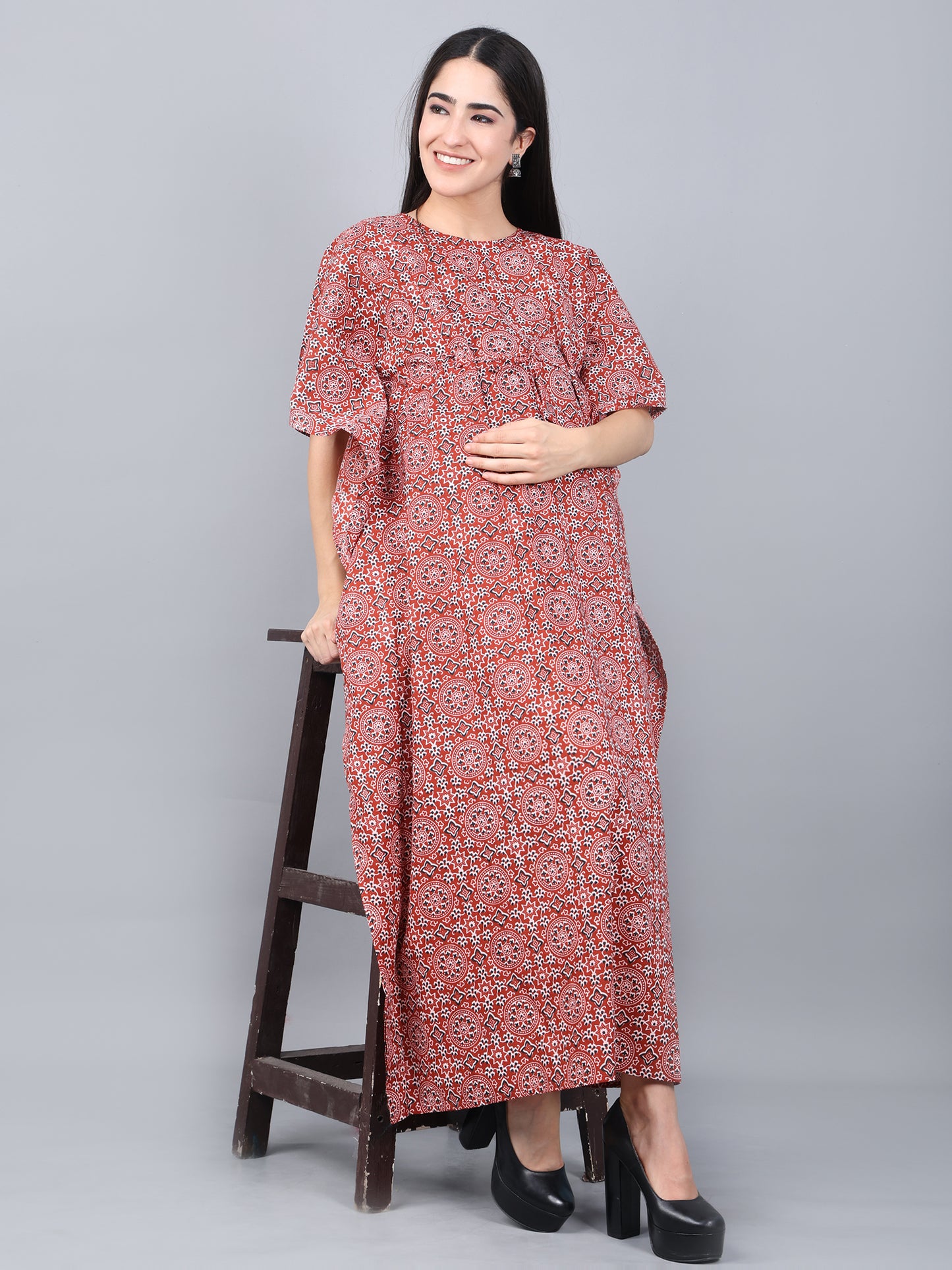 Maternity and Feeding Kaftan Full Length | Pure Cotton | Maroon