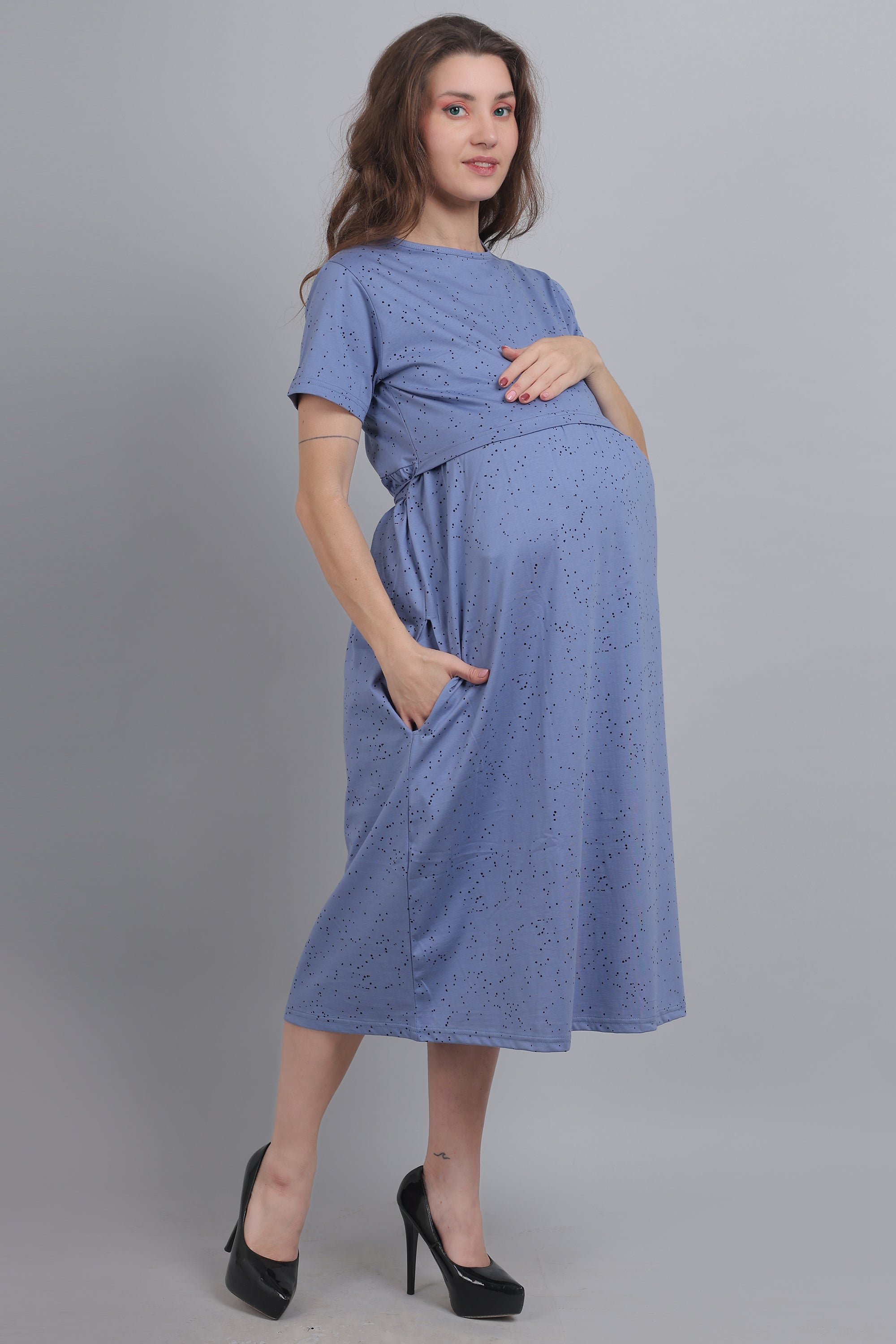 Slate Blue Knitted Cotton Maternity Loungewear Dress