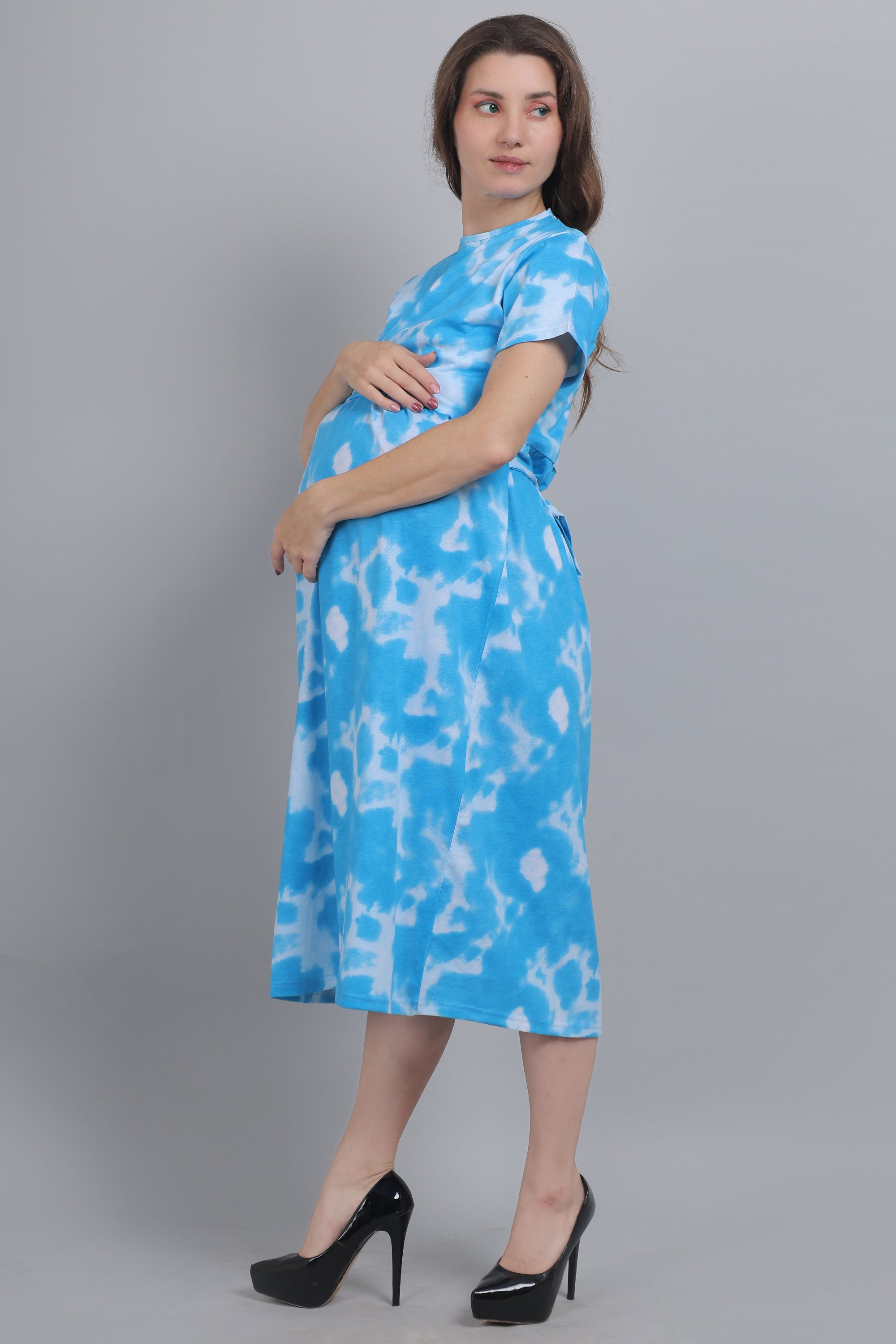 Blue Tie Dye Knitted Cotton Maternity Loungewear Dress