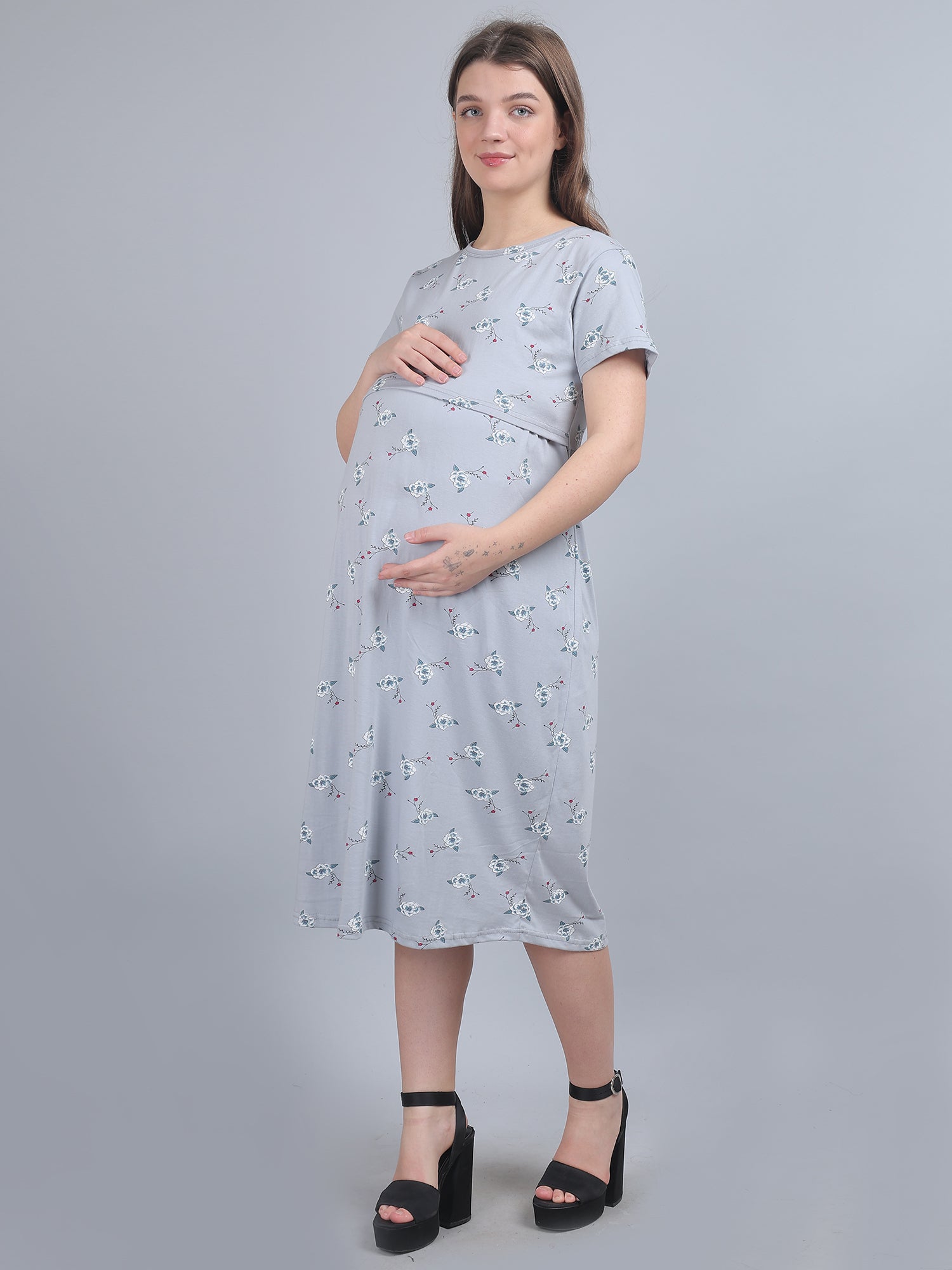 Grey Knitted Cotton Maternity Loungewear Dress