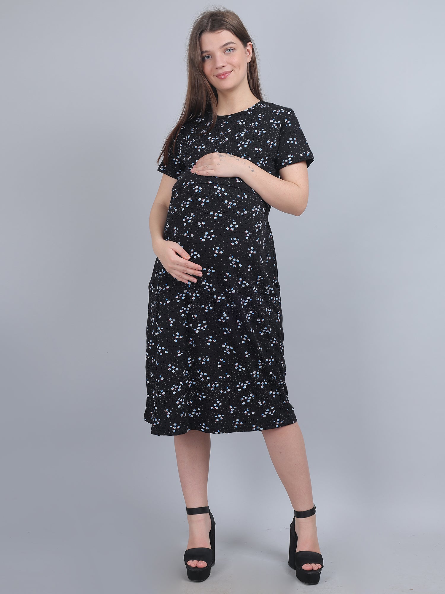 Black Knitted Cotton Maternity Loungewear Dress