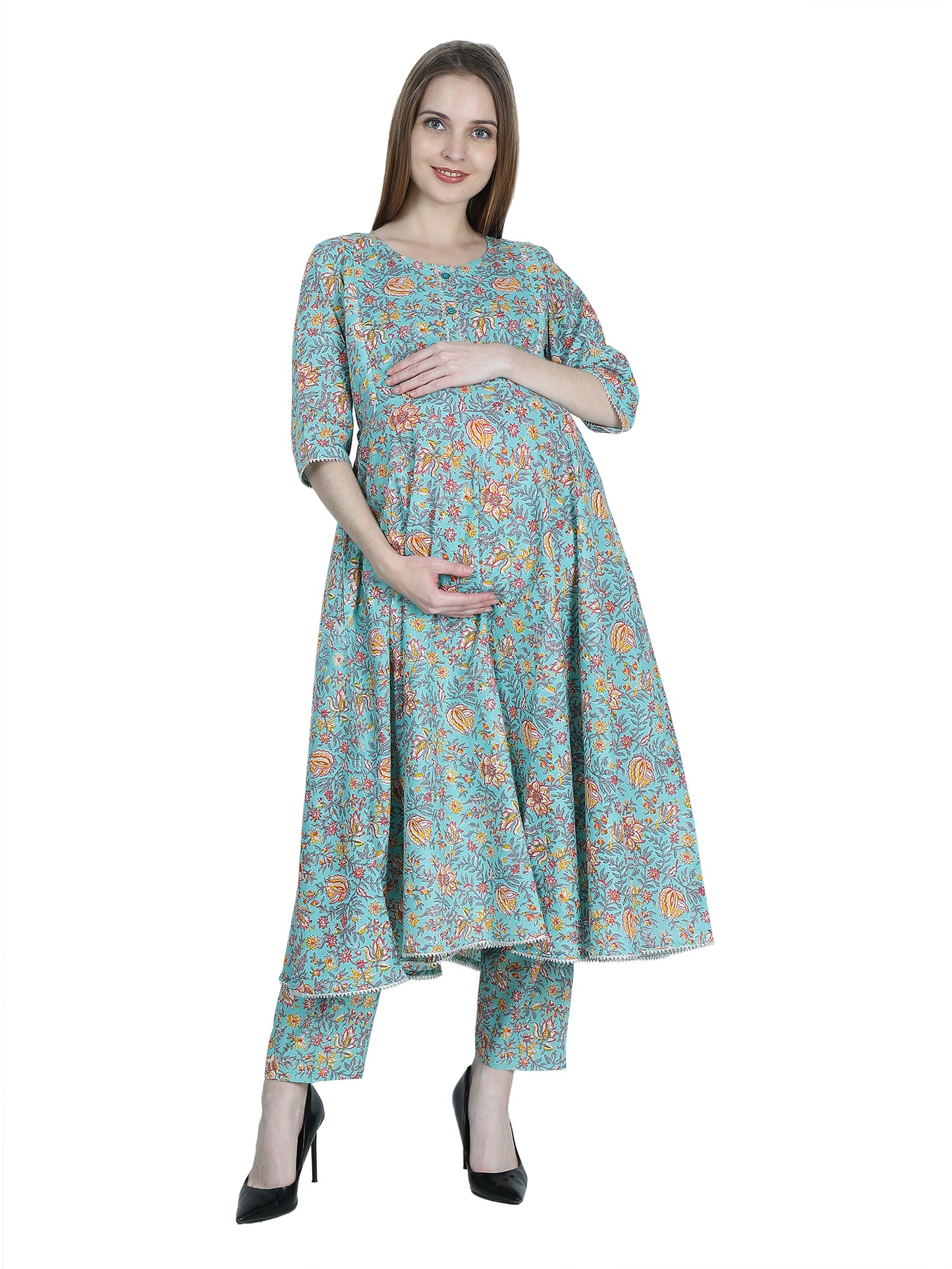 Maternity and Feeding Kurta Set | Pure Cotton | Teal