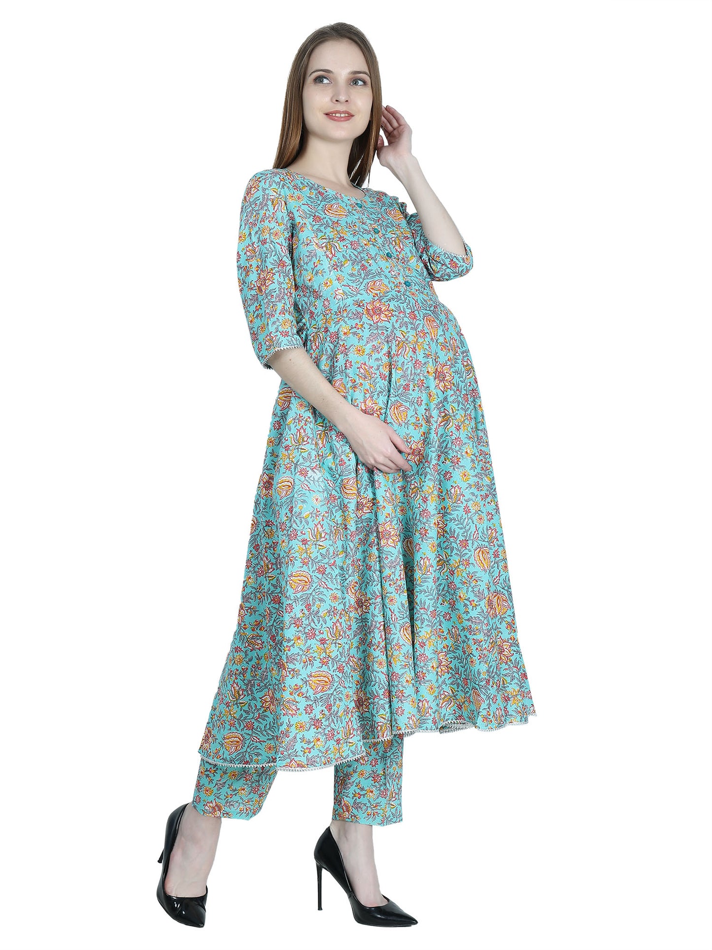 Maternity and Feeding Kurta Set | Pure Cotton | Teal