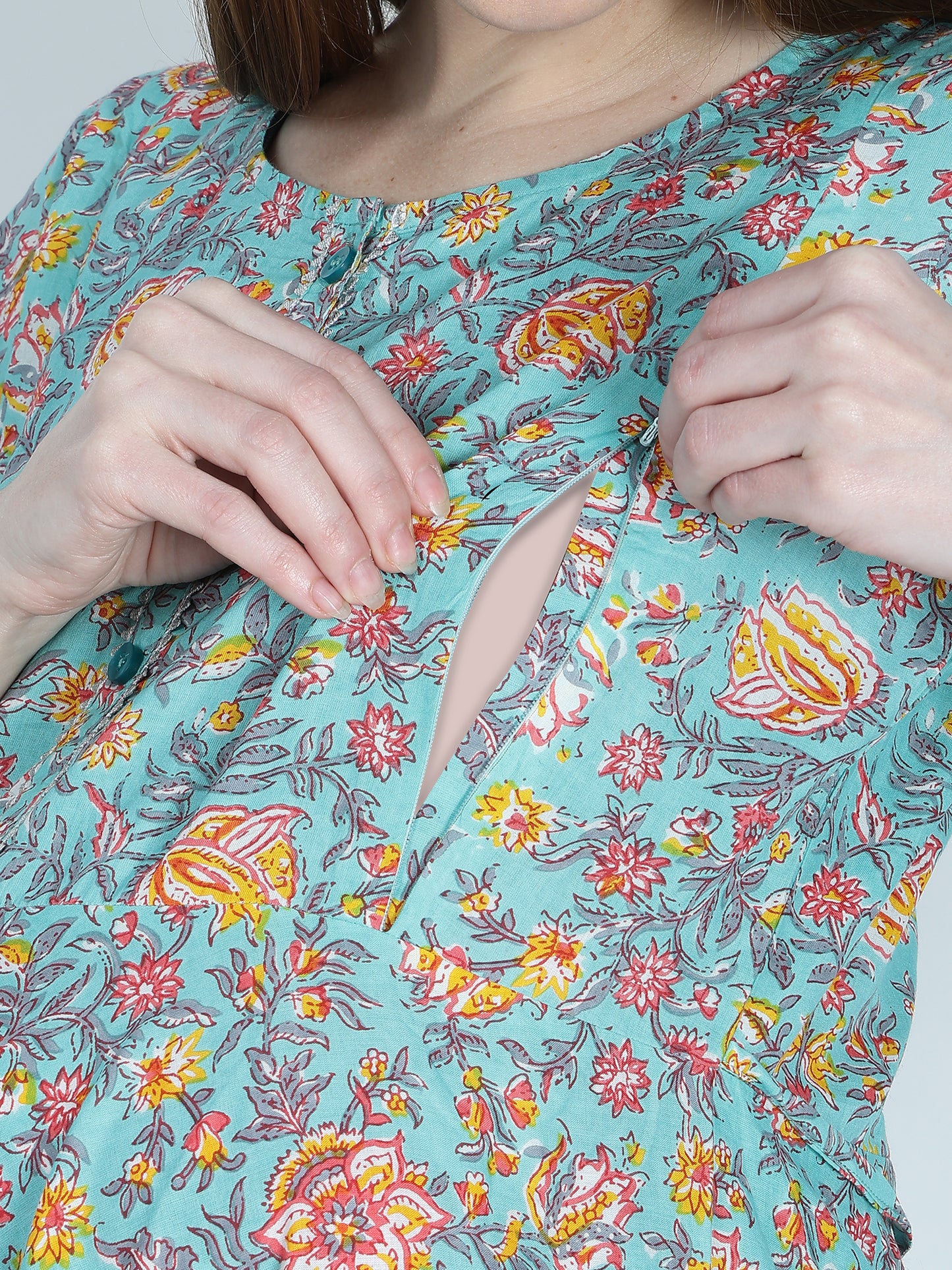 Maternity and Feeding Kurta Set | Pure Cotton | Teal