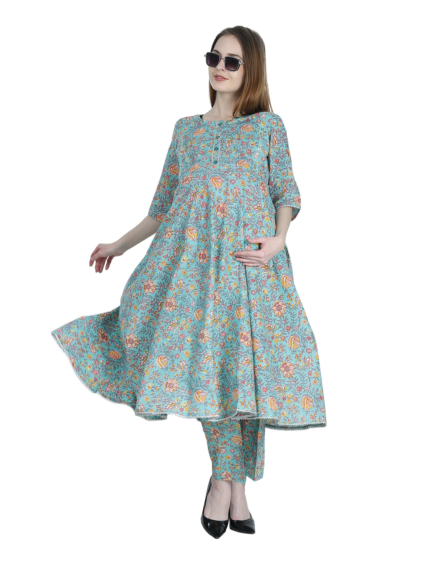 Maternity and Feeding Kurta Set | Pure Cotton | Teal