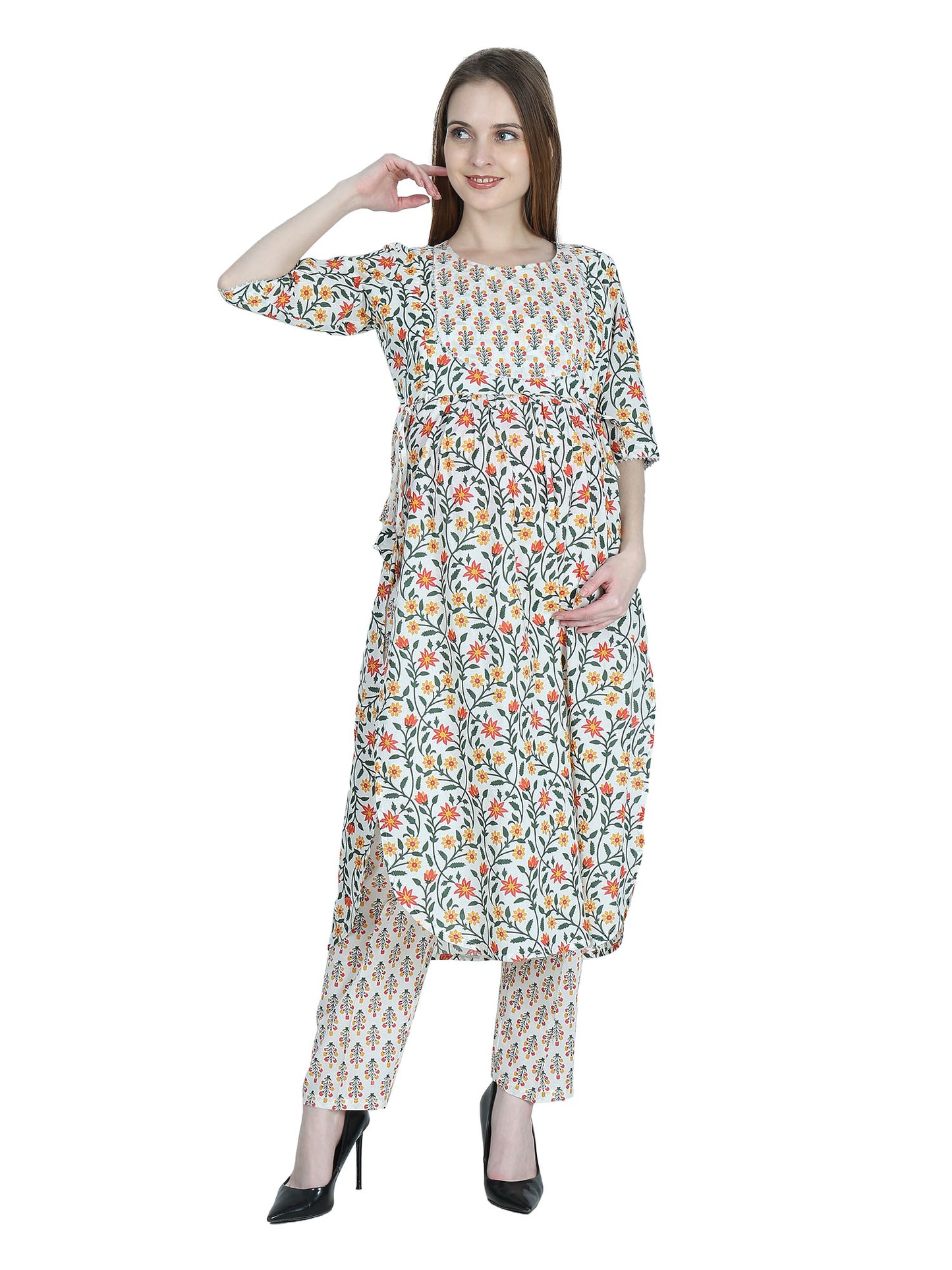 Maternity and Feeding Kurta Set | Pure Cotton | Off-white