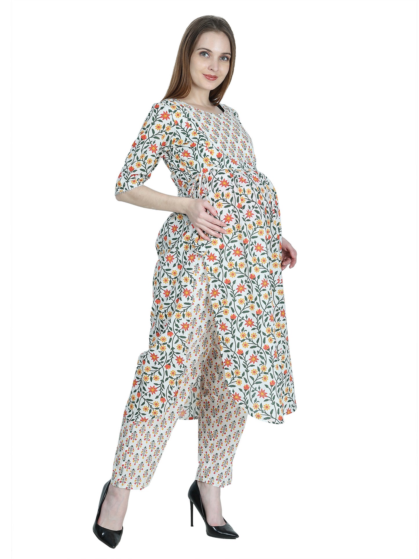 Maternity and Feeding Kurta Set | Pure Cotton | Off-white