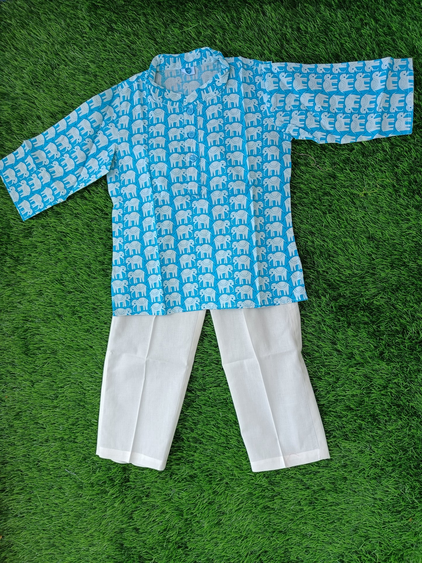 Pure Cotton Kurta Sets for Boys | Teal | Elephant Print