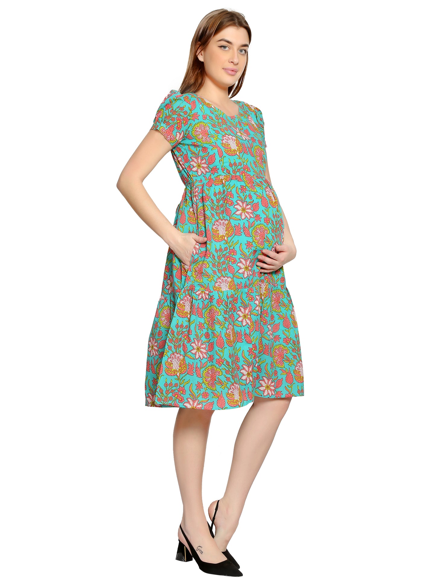 Maternity and Feeding Dress | Pure Cotton | Teal Color Layered Dress