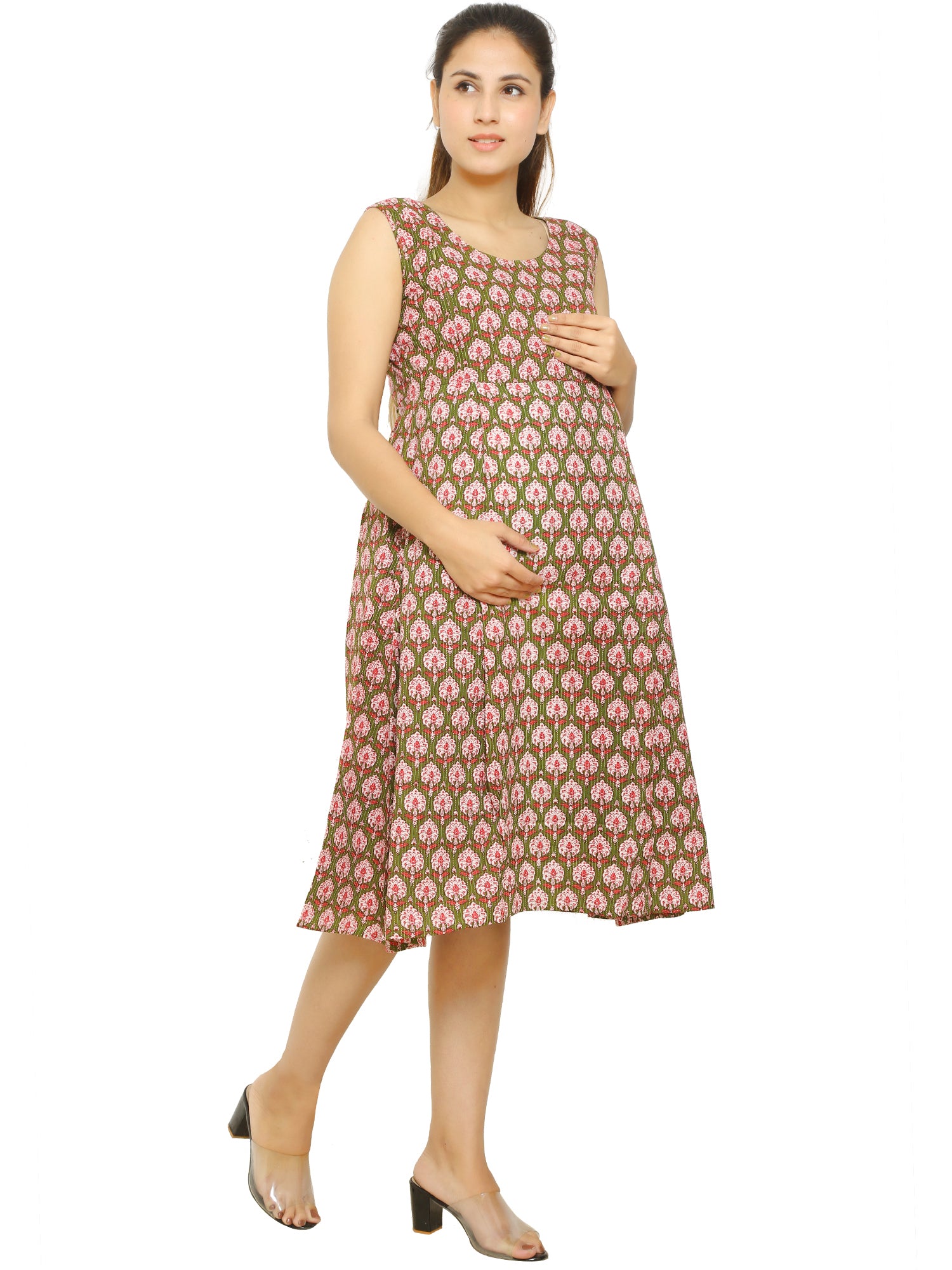 Green Fit and Flare Cotton Maternity and Feeding Dress