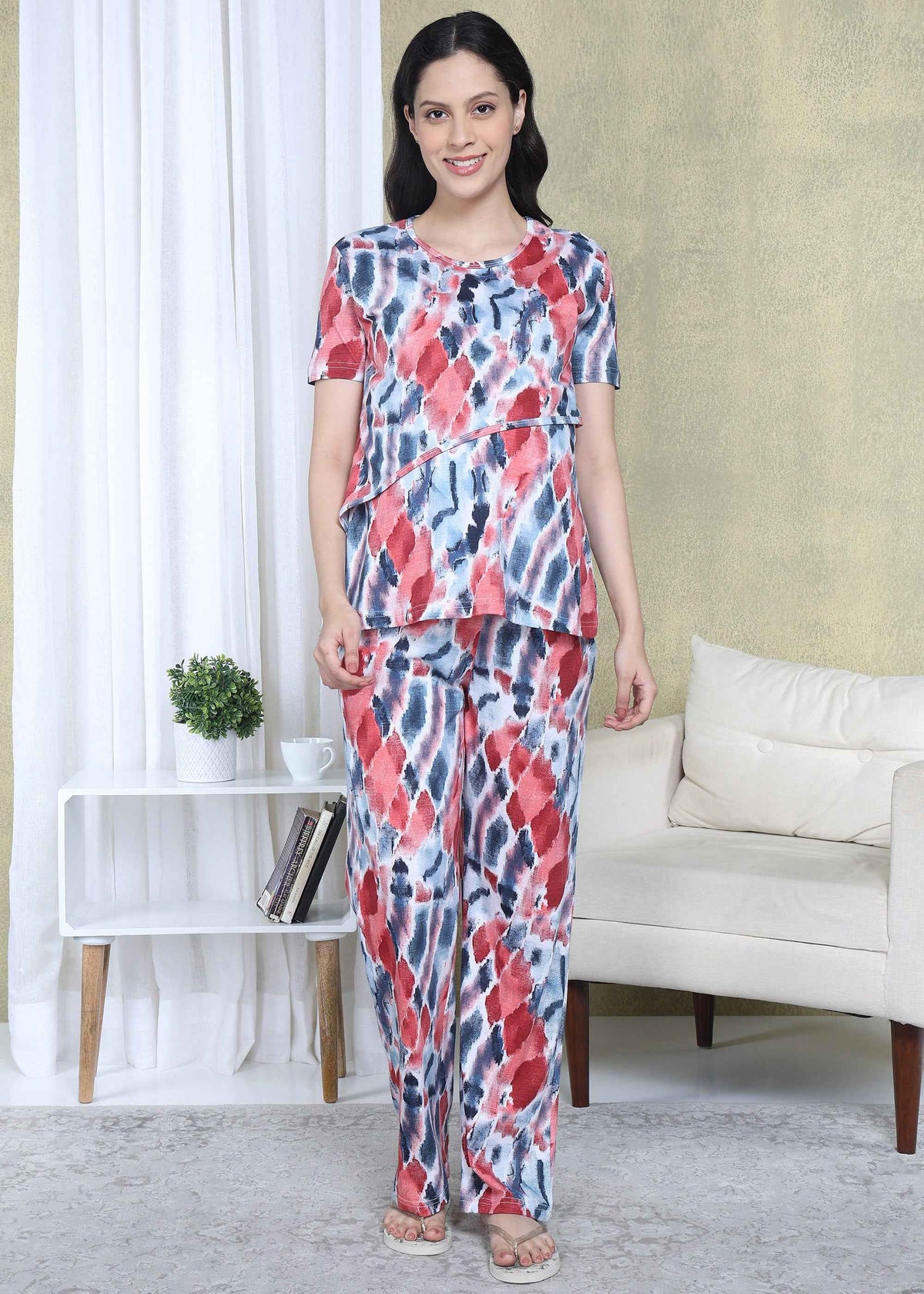 Red Tie-Dye Maternity and Feeding Night Suit
