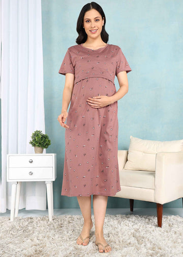 Coffee and Cards Brown Cross-neck Maternity Loungewear Dress