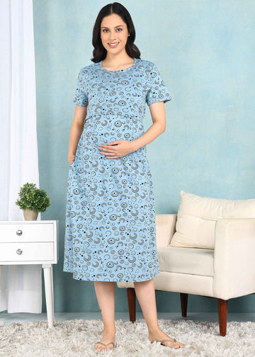 Dots & Swirls Blue Cross-neck Maternity Loungewear Dress