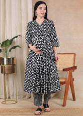 Black Pure Cotton Maternity and Feeding Kurta Set with Dupatta