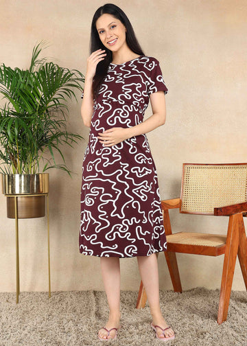 Wine Wave Cross-neck Maternity Loungewear Dress