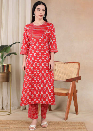 Red Pure Cotton Straight Feeding Kurta Set with Dupatta