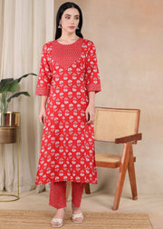 Red Pure Cotton Straight Feeding Kurta Set with Dupatta