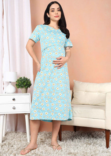 Pastel Floral Cross-neck Maternity Loungewear Dress