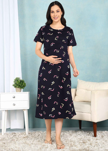 Navy Abstratct Cross-neck Maternity Loungewear Dress