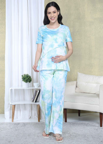 Green & Blue Tie-Dye Maternity and Feeding Night Suit