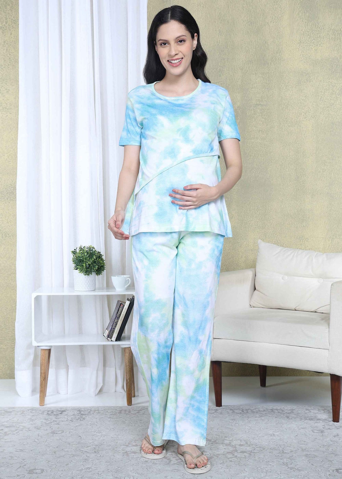 Green & Blue Tie-Dye Maternity and Feeding Night Suit
