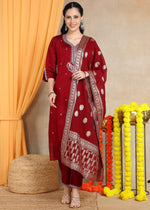 Marroon Festive Straight Feeding Kurta Set with Dupatta