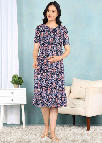 Mutlicolor Floral Cross-neck Maternity Loungewear Dress