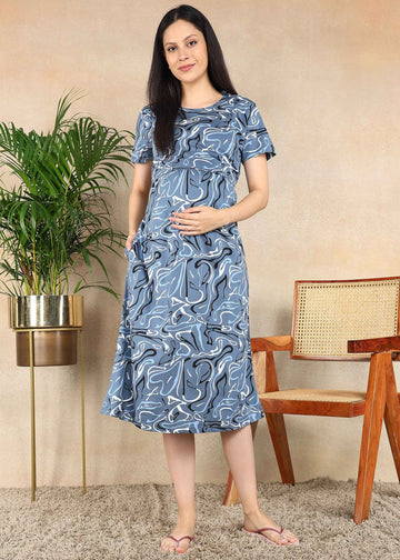 Blue Ocean Drift Cross-neck Maternity Loungewear Dress