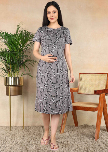 Grey Smoky Strokes Cross-neck Maternity Loungewear Dress