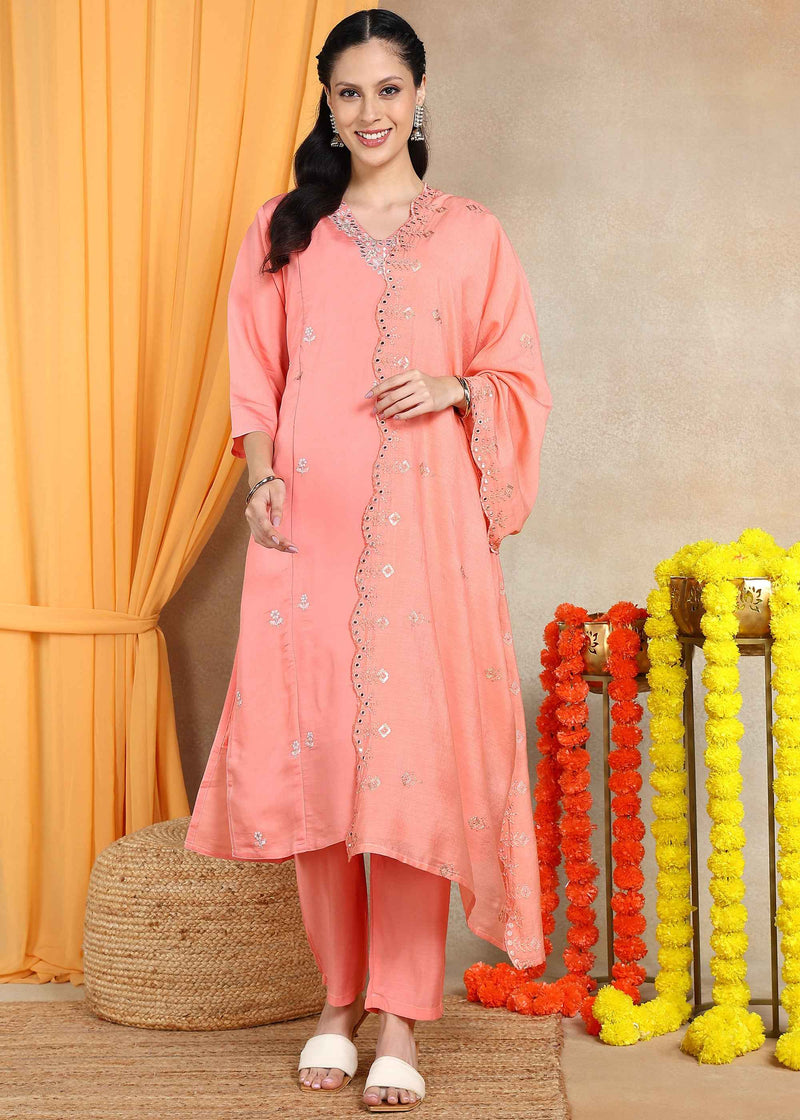 Peach Festive Straight Feeding Kurta Set with Dupatta