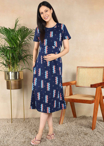 Navy Zig and Chill Cross-neck Maternity Loungewear Dress