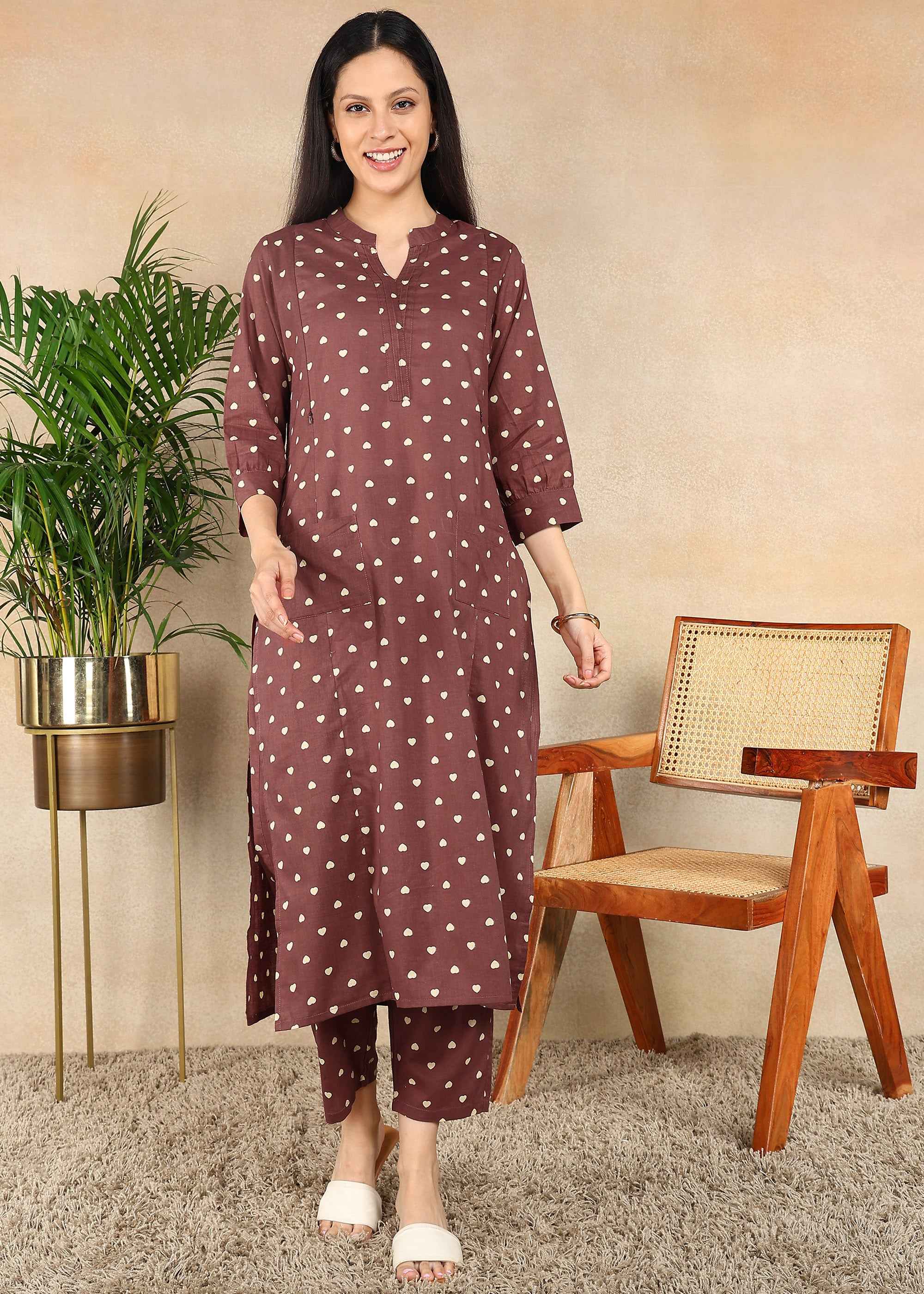 Small Hearts Brown Straight Feeding Kurta Set