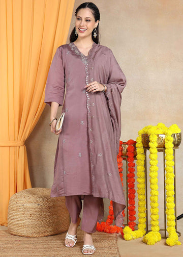 Dusty Mauve Festive Straight Feeding Kurta Set with Dupatta