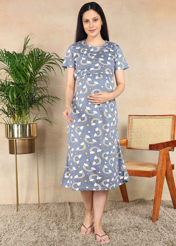 Grey Rainbow Cross-neck Maternity Loungewear Dress
