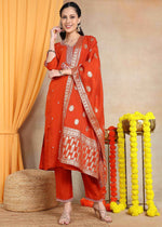 Rust Orange Festive Straight Feeding Kurta Set with Dupatta