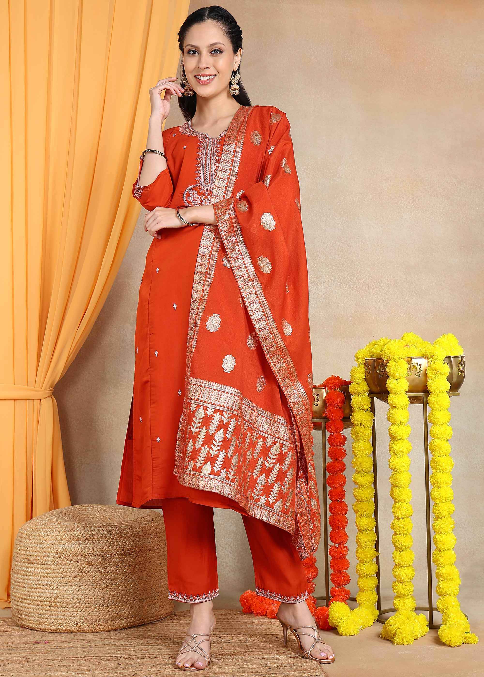 Rust Orange Festive Straight Feeding Kurta Set with Dupatta