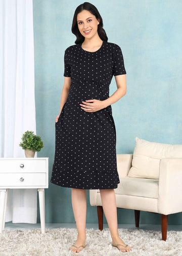 Black Polka Cross-neck Maternity Loungewear Dress