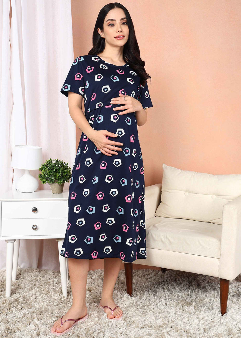 Navy Cross-neck Maternity Loungewear Dress