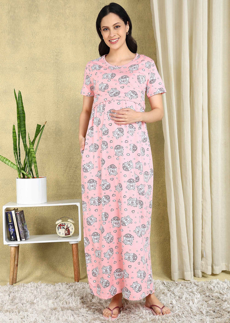 Popcorn Pink Cross-neck Maternity Loungewear Maxi Dress