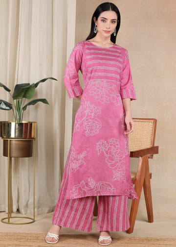 Pink Bandhani Pure Cotton Straight Feeding Kurta Set with Dupatta