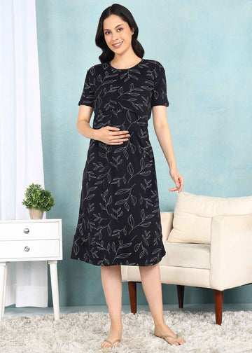 Black Leaf Cross-neck Maternity Loungewear Dress