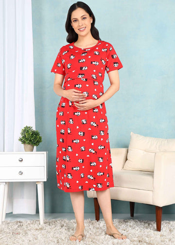 Panda Red Cross-neck Maternity Loungewear Dress