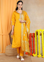 Yellow Festive Straight Feeding Kurta Set with Dupatta
