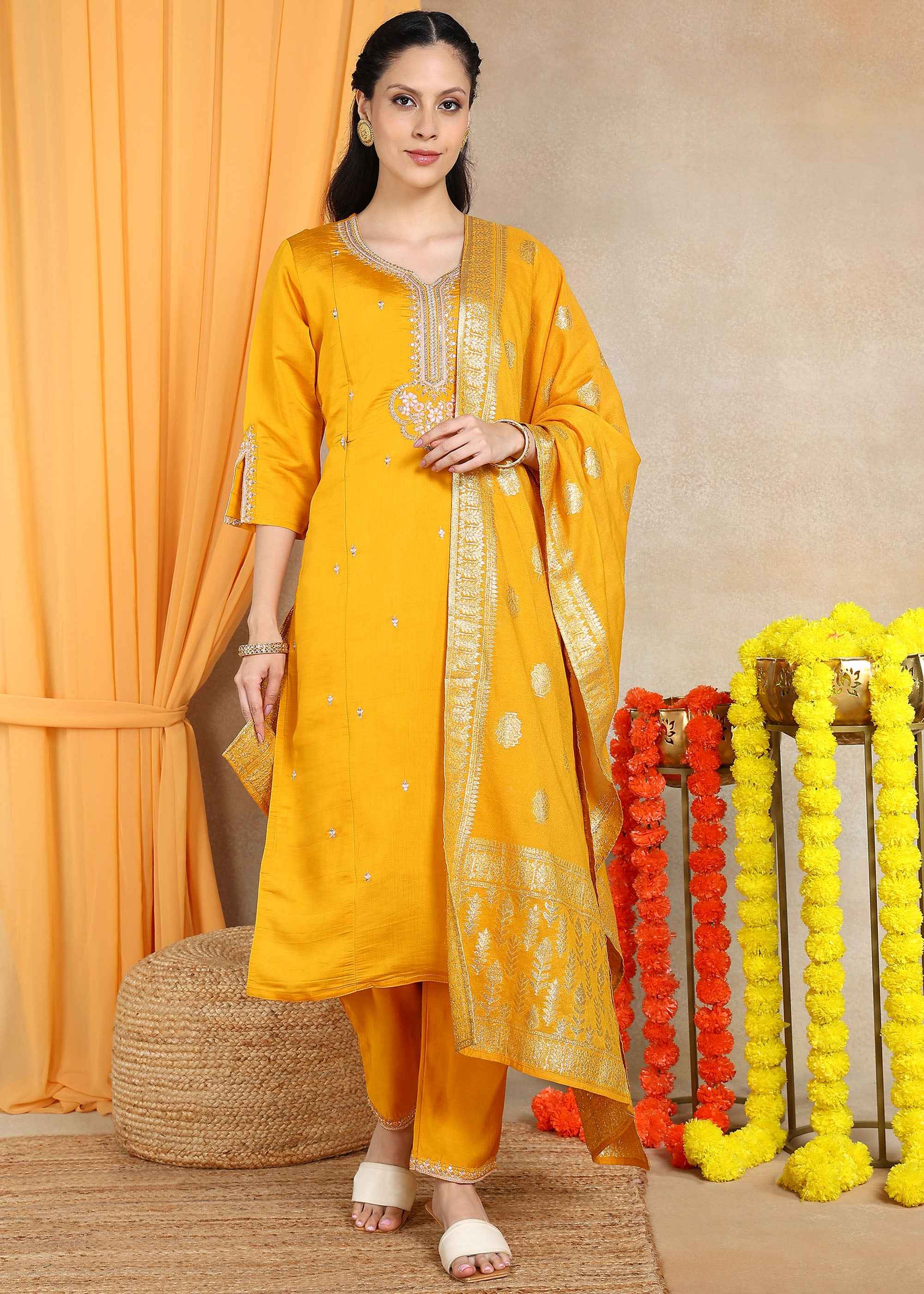 Yellow Festive Straight Feeding Kurta Set with Dupatta
