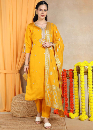 Yellow Festive Straight Feeding Kurta Set with Dupatta