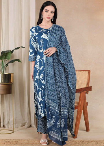Blue Pure Cotton Straight Feeding Kurta Set with Dupatta