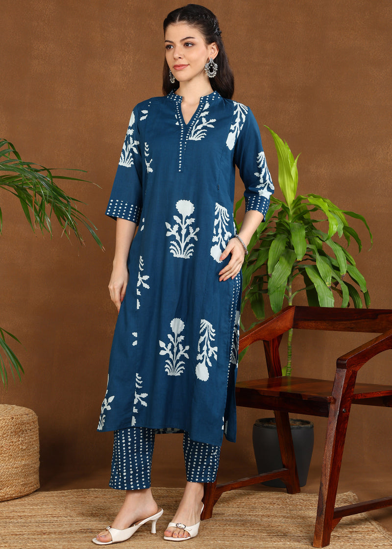 Blue Floral Cotton Straight Feeding Kurta Set with Dupatta